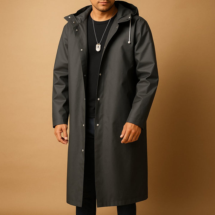 Durable men's hooded long rain jacket with a casual fit, offering all-weather protection for outdoor adventures & daily wear.