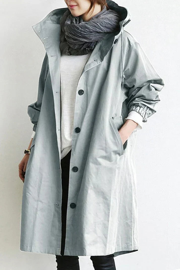 Stylish men's long trench coat with hood, waterproof, perfect for autumn & winter fashion.