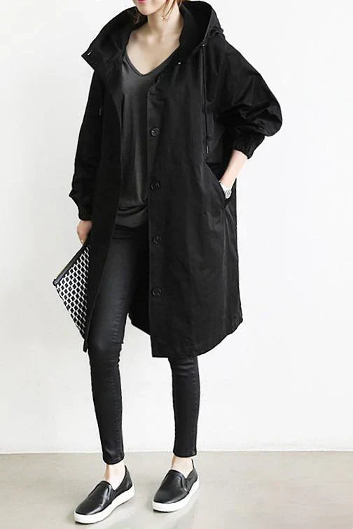 Elegant men's hooded waterproof trench coat, designed for urban casual & all-weather protection.