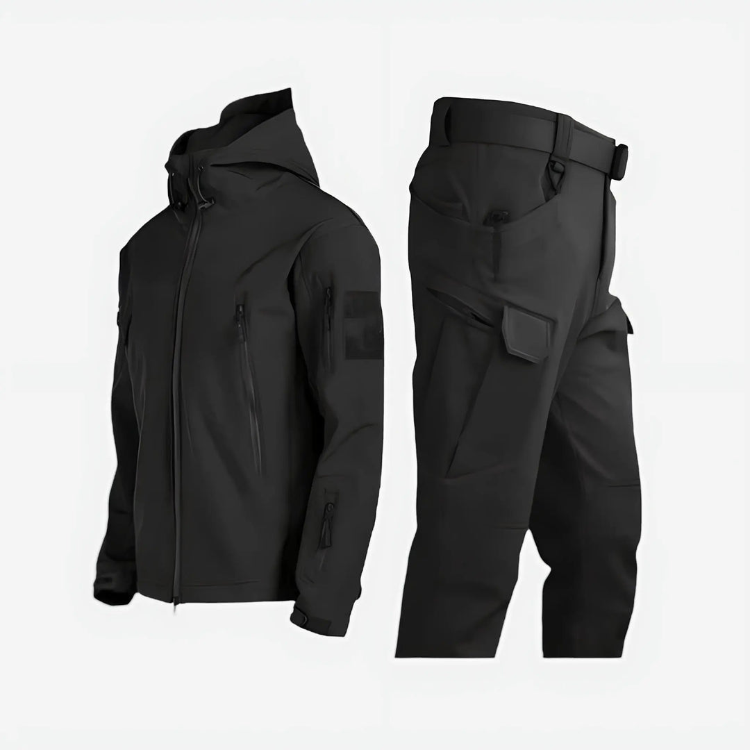 Men's waterproof insulated jacket & trousers set for winter hiking & cold weather protection. Ideal activewear.