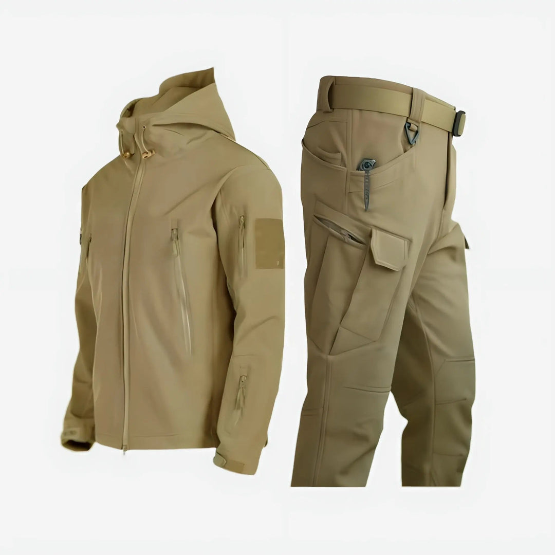 Men's insulated waterproof jacket and trousers set. Perfect thermal gear for cold weather & outdoor adventures.