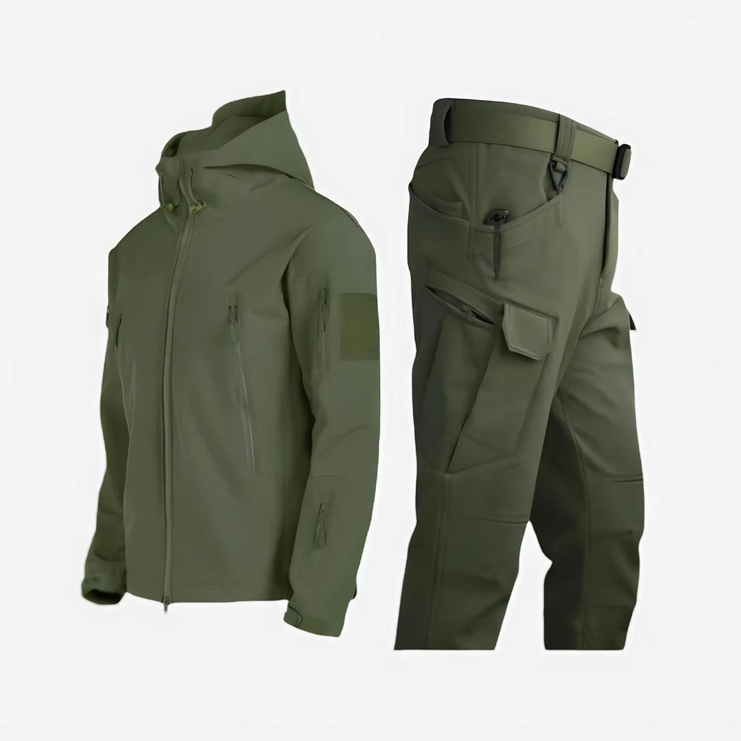Durable men's waterproof & insulated outdoor set offers snow protection for winter hiking & mountain adventures.