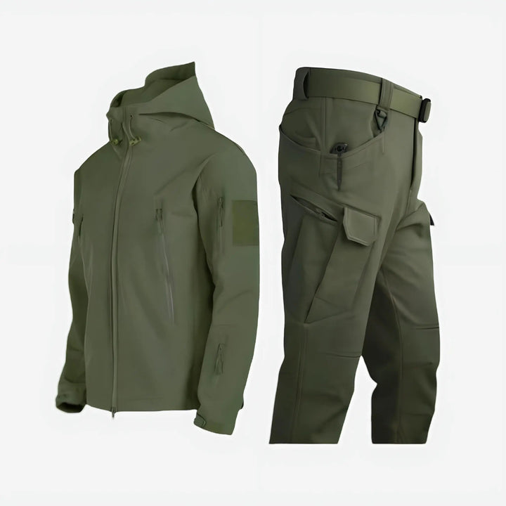 Durable men's waterproof & insulated outdoor set offers snow protection for winter hiking & mountain adventures.