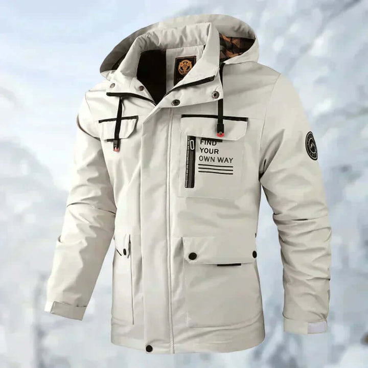 Versatile men's winter jacket, insulated & waterproof puffer design for outdoor wear.