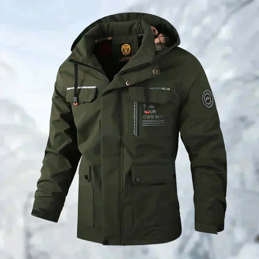 Performance men's waterproof insulated puffer jacket, designed for harsh winter conditions.