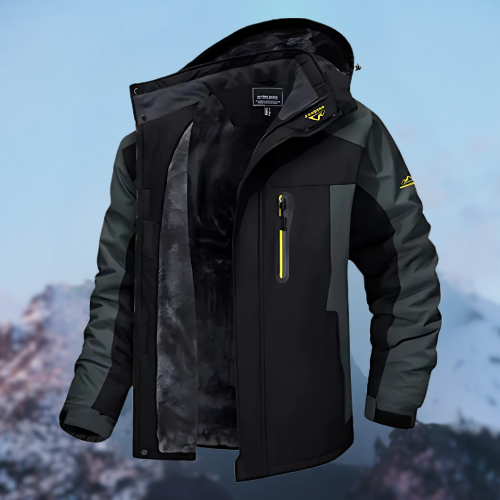 Men's waterproof insulated winter jacket for cold weather. Stays warm & dry, perfect for outdoor activities.