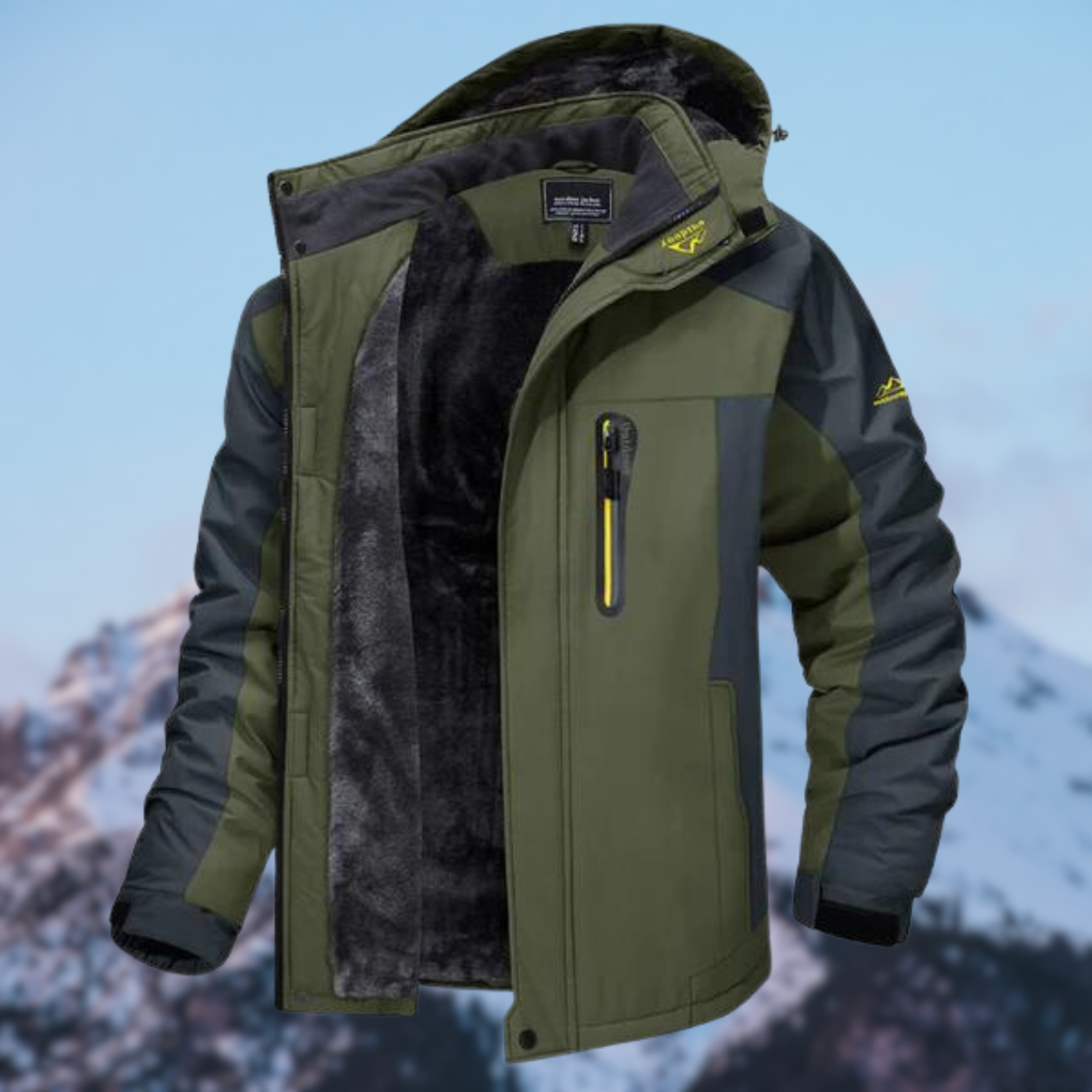 Men's waterproof insulated winter jacket for cold weather. Durable outdoor outerwear with wind protection.
