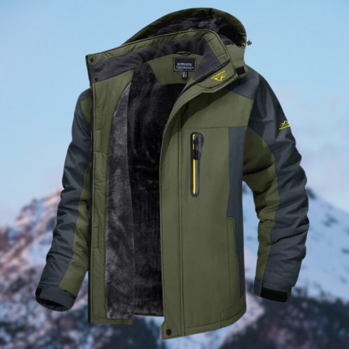 Men's waterproof insulated winter jacket for cold weather. Durable outdoor outerwear with wind protection.