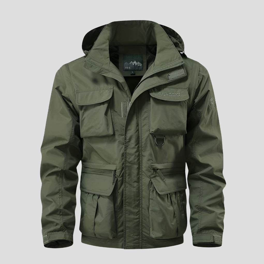 Stylish men's waterproof military-style jacket. All-weather rain protection, ideal for autumn & winter.