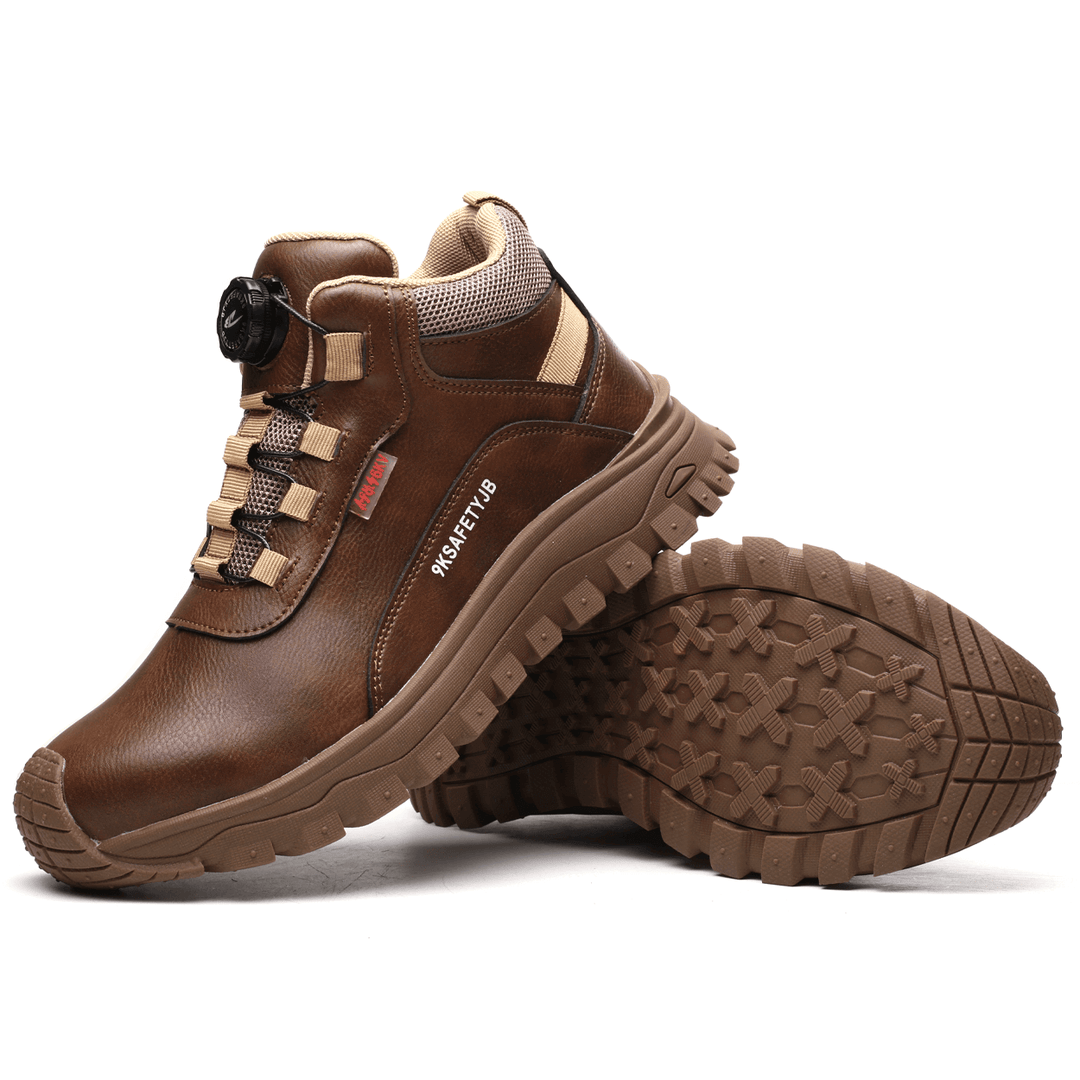 Side profile of men's durable waterproof work shoes, showcasing non-slip sole and robust construction.