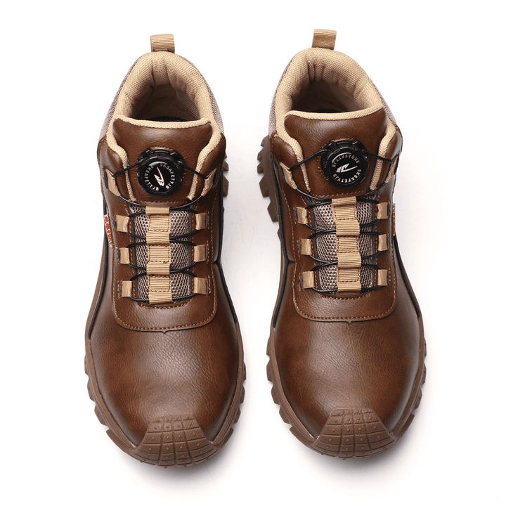 Men's waterproof work shoes with non-slip traction worn on a job site, ensuring safety & comfort.