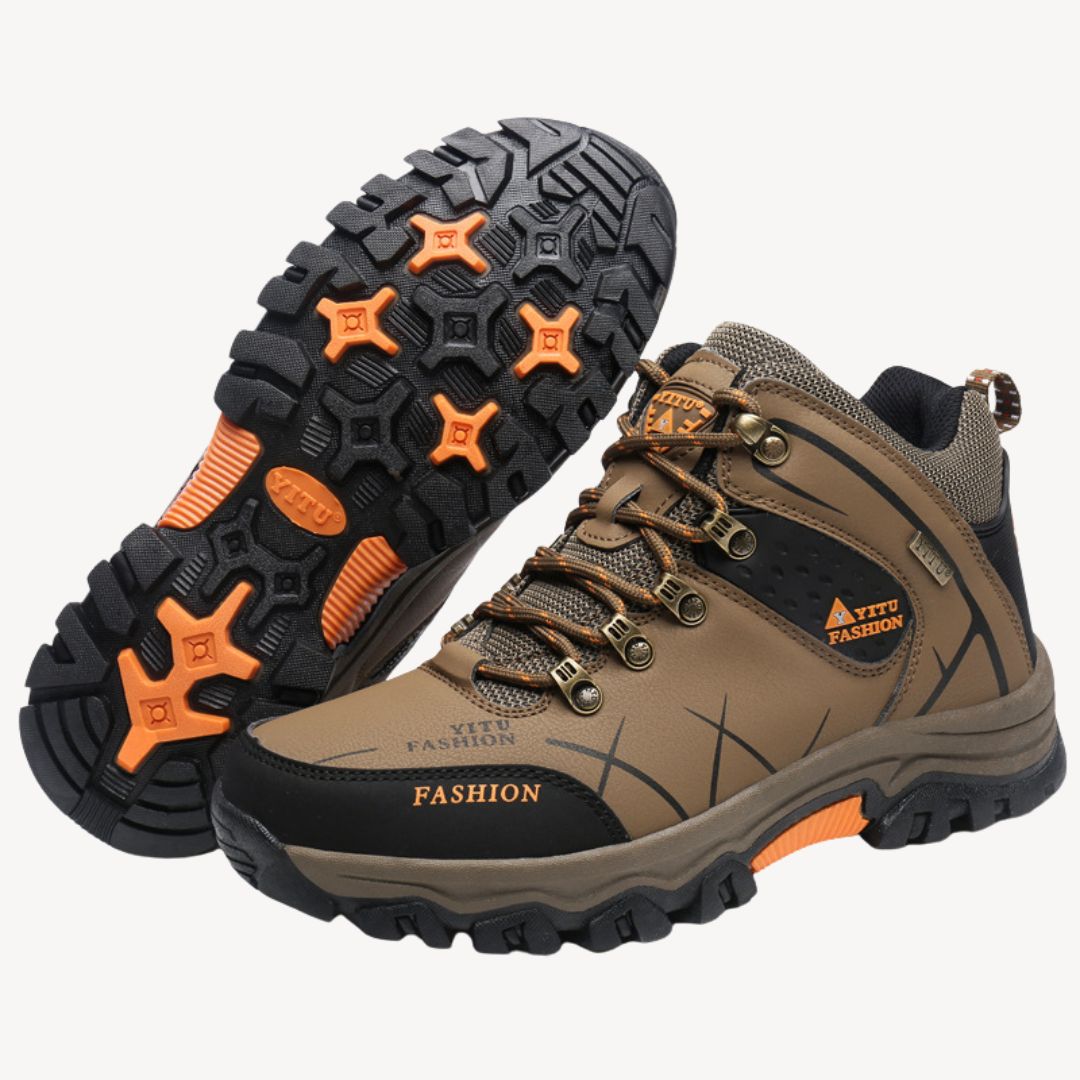 Durable men's waterproof hiking boots with orthopedic support, perfect for challenging trails & trekking.