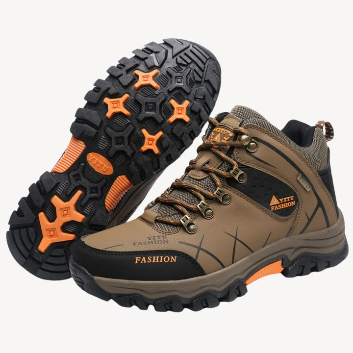 Durable men's waterproof hiking boots with orthopedic support, perfect for challenging trails & trekking.