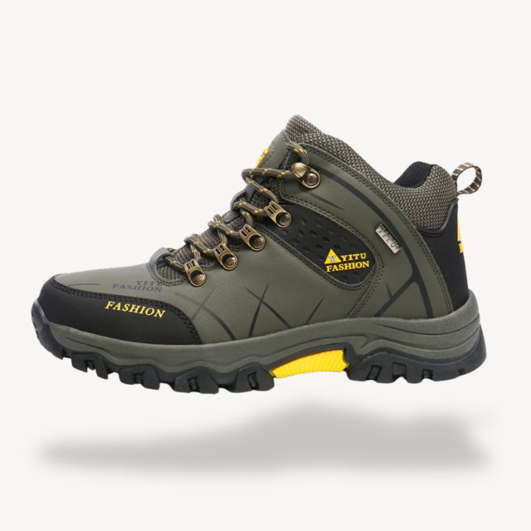 Rugged men's waterproof hiking boots, ideal for trekking, featuring orthopedic design for long-lasting comfort.