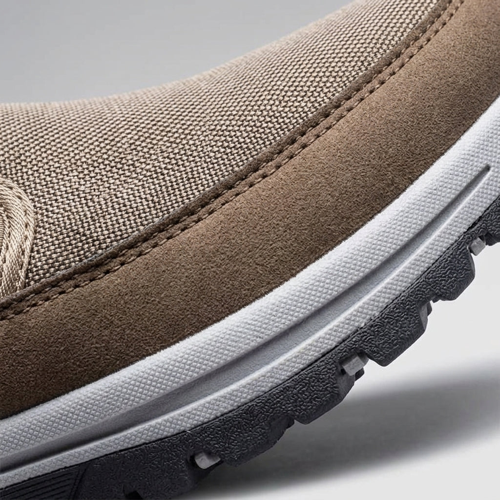 Close-up of the waterproof upper and elastic side panels on men's orthopedic comfort slip-on sneakers.