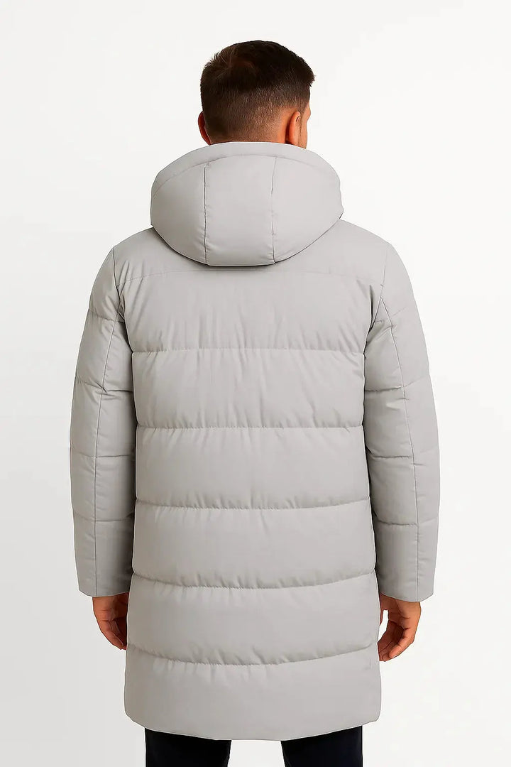 Modern men's waterproof puffer jacket. Stylish & warm outerwear for cold weather, outdoor & casual wear.