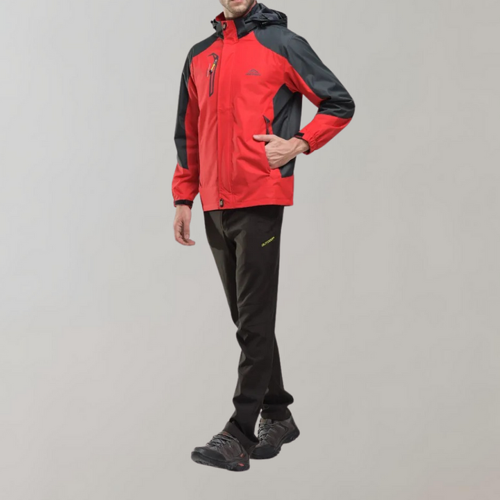 Close-up: Men's waterproof wind jacket features, reliable all-season outdoor protection.