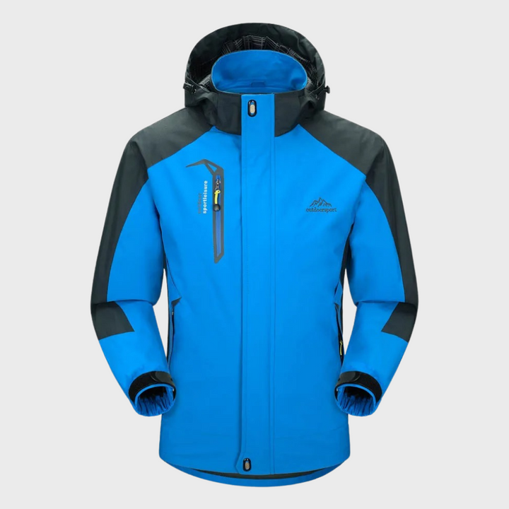 Men's hooded waterproof windbreaker jacket, essential all-season outdoor gear for men.