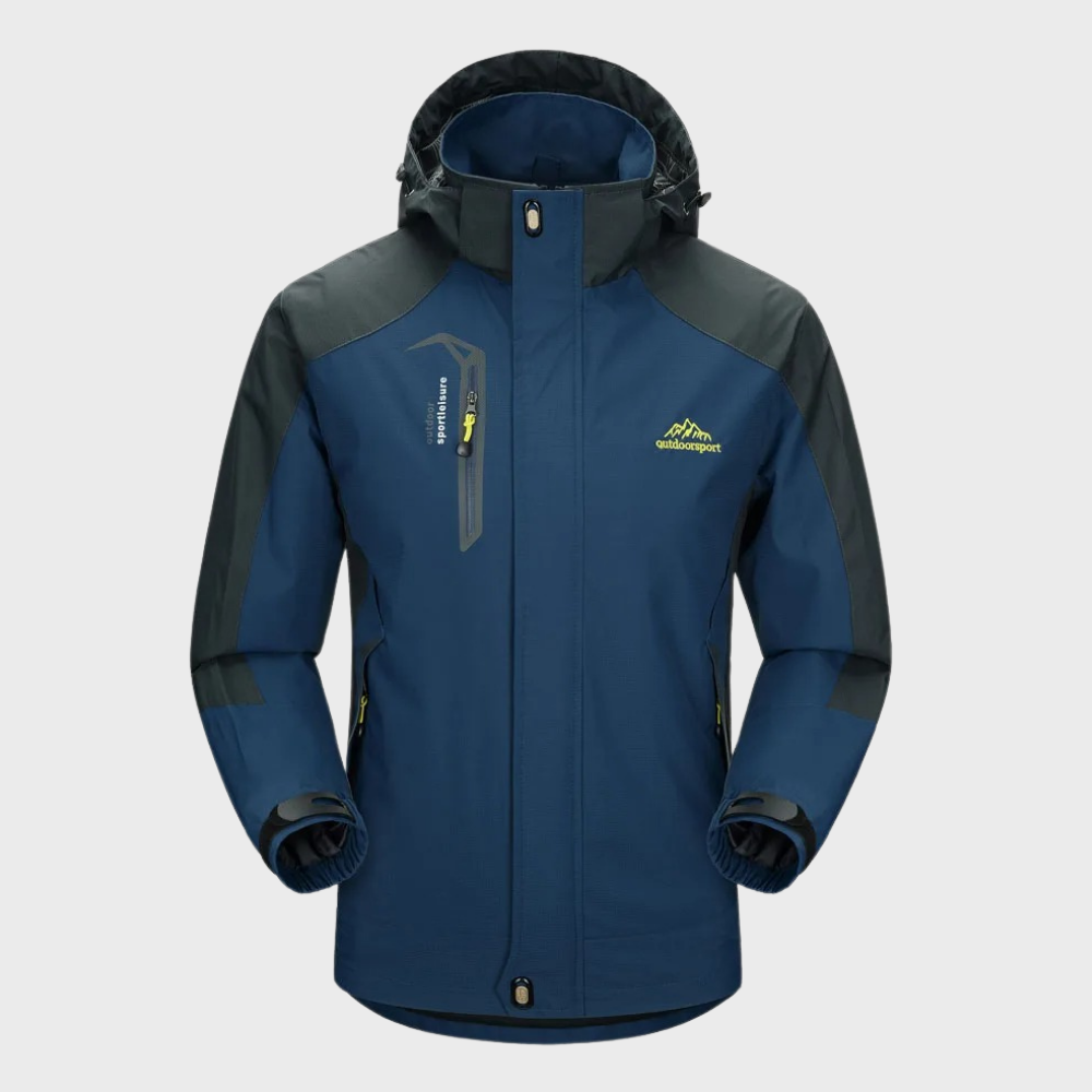 Packable men's waterproof wind jacket, great for travel, hiking & versatile outdoor activity.