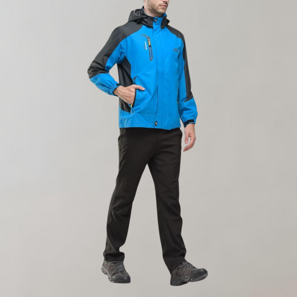 Dark grey men's waterproof wind jacket, perfect all-season outdoor protection & versatile wear.