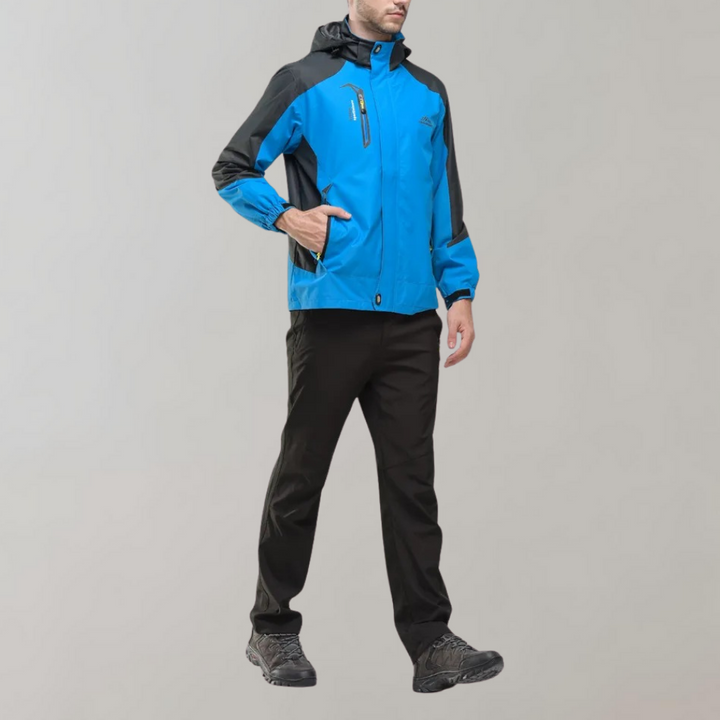 Dark grey men's waterproof wind jacket, perfect all-season outdoor protection & versatile wear.