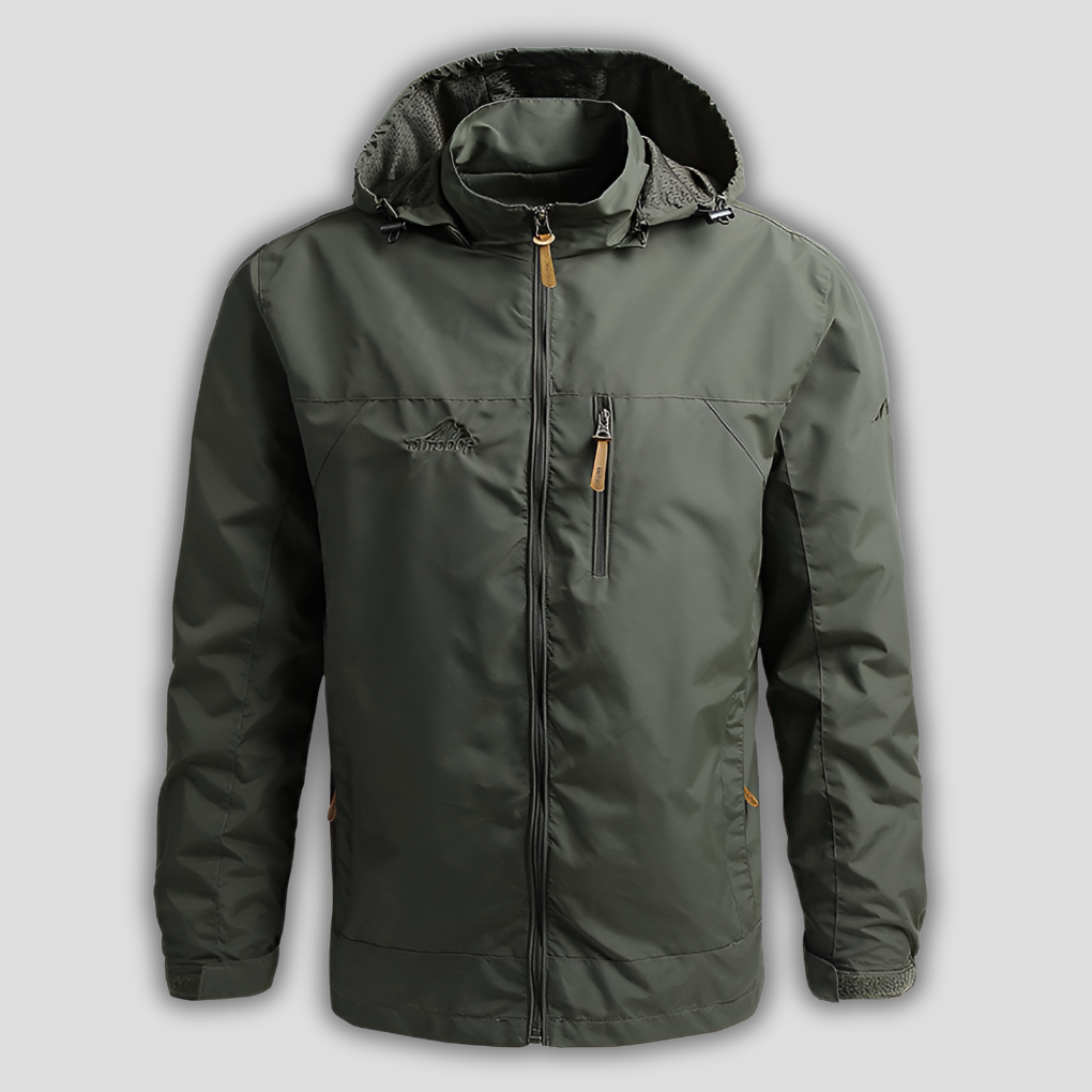 Men's waterproof windproof hiking jacket in dark blue, ideal for outdoor adventures & trekking.