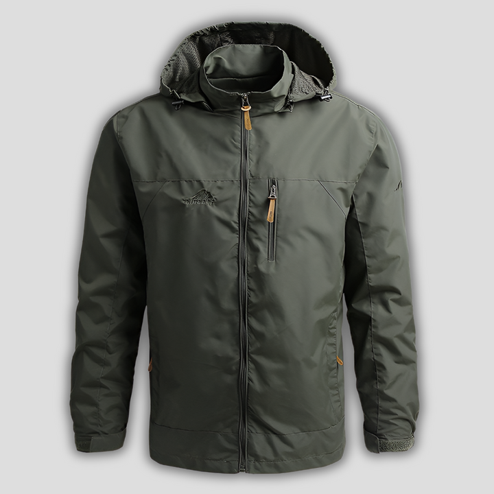 Men's waterproof windproof hiking jacket in dark blue, ideal for outdoor adventures & trekking.