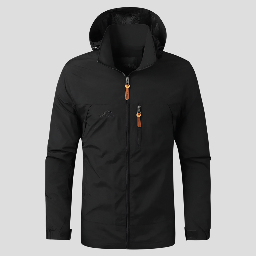 Durable men's waterproof rain jacket, offering windproof protection for trekking & adventure wear.