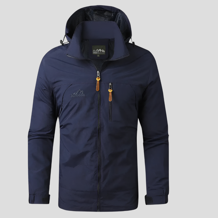 Front view of men's all-weather hiking jacket, designed for ultimate comfort & protection outdoors.