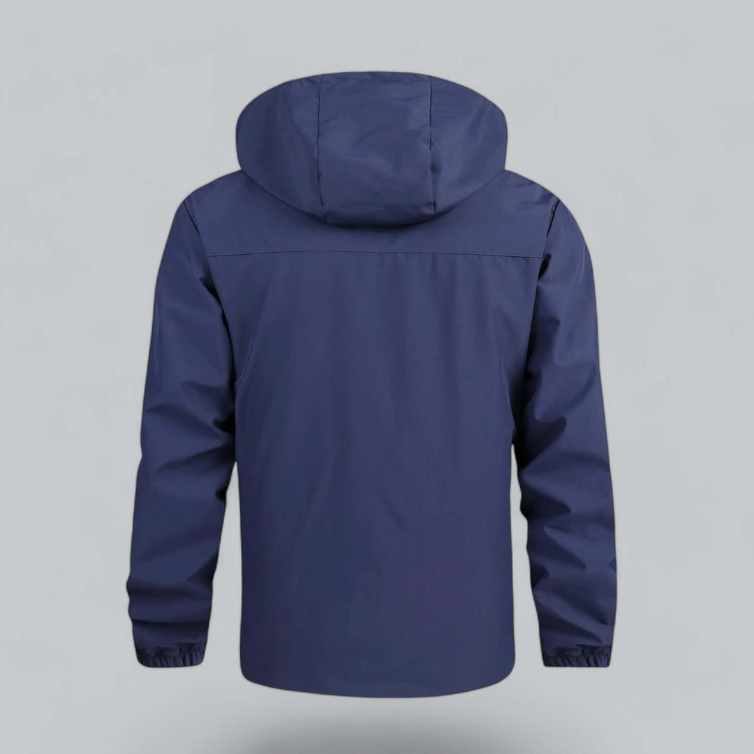 Lightweight men's waterproof windbreaker with detachable hood. Perfect for active outdoor wear & weather protection.