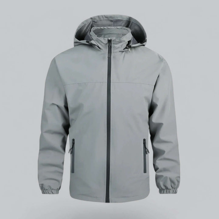 Durable men's all-weather jacket, providing waterproof & windproof protection for hiking & outdoor activities.