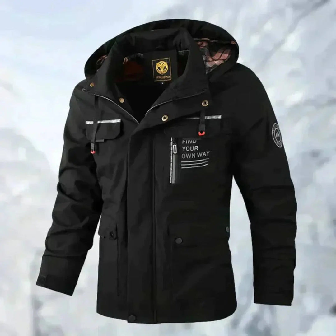 Warm men's quilted winter coat, waterproof & windproof with hood for ultimate outdoor protection.