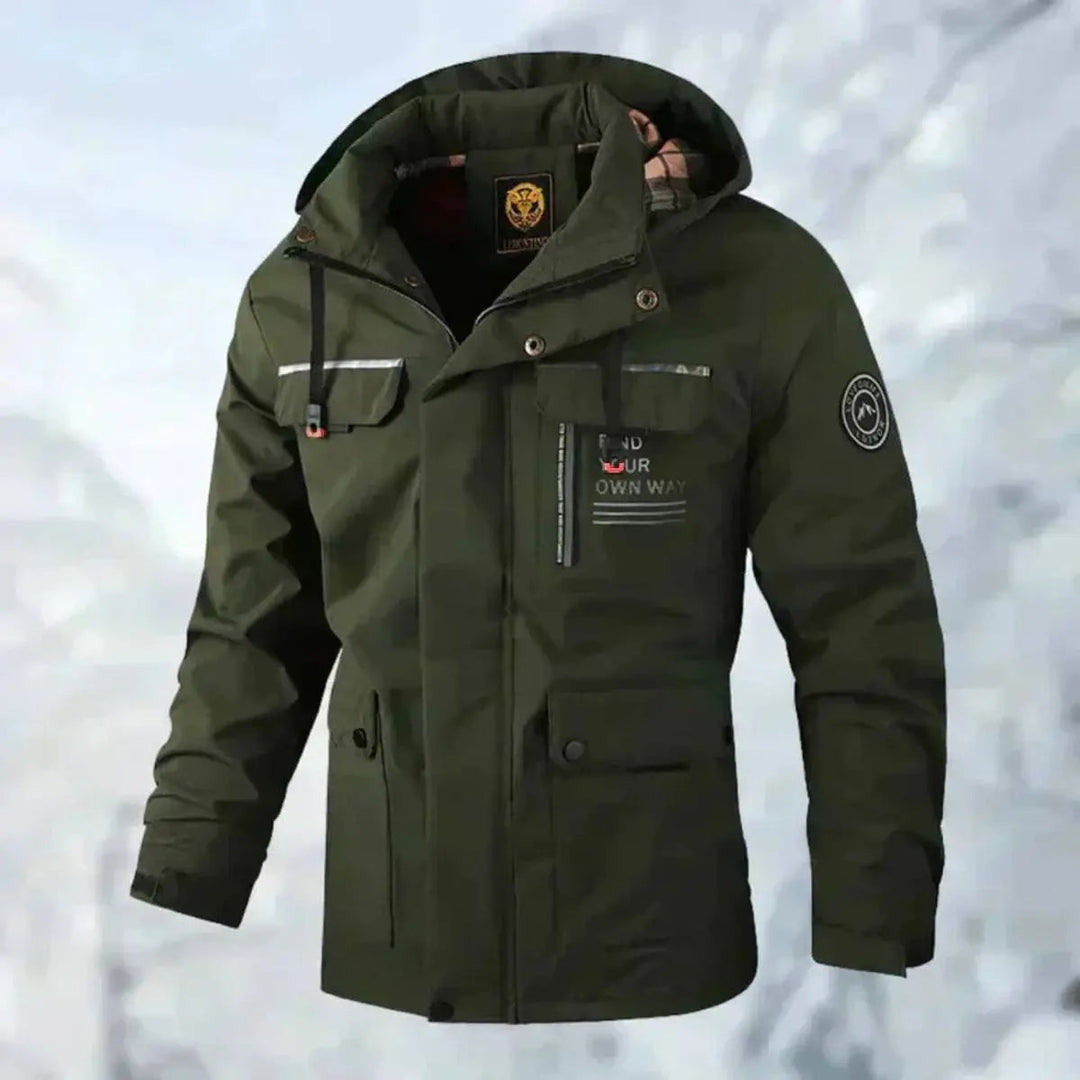 Men's waterproof & windproof hooded quilted jacket; a durable all-weather coat for outdoor adventures.
