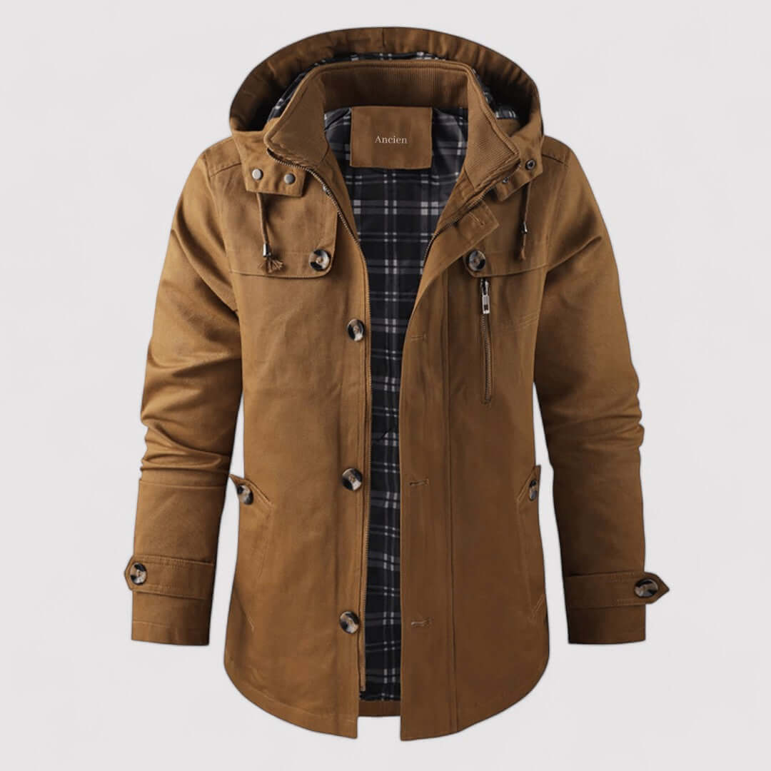 Men's waterproof winter jacket with hood for ultimate cold weather protection & warmth.