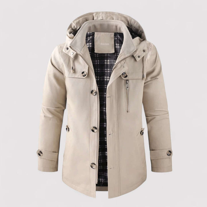 Stylish men's insulated hooded jacket, durable waterproof outerwear for extreme cold.