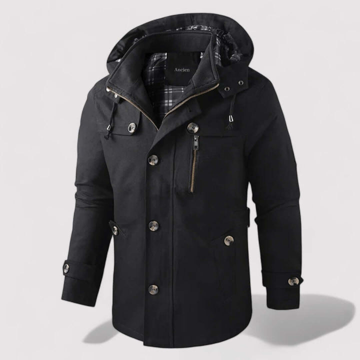 Men's durable waterproof winter coat, insulated for comfortable wear in harsh cold weather.