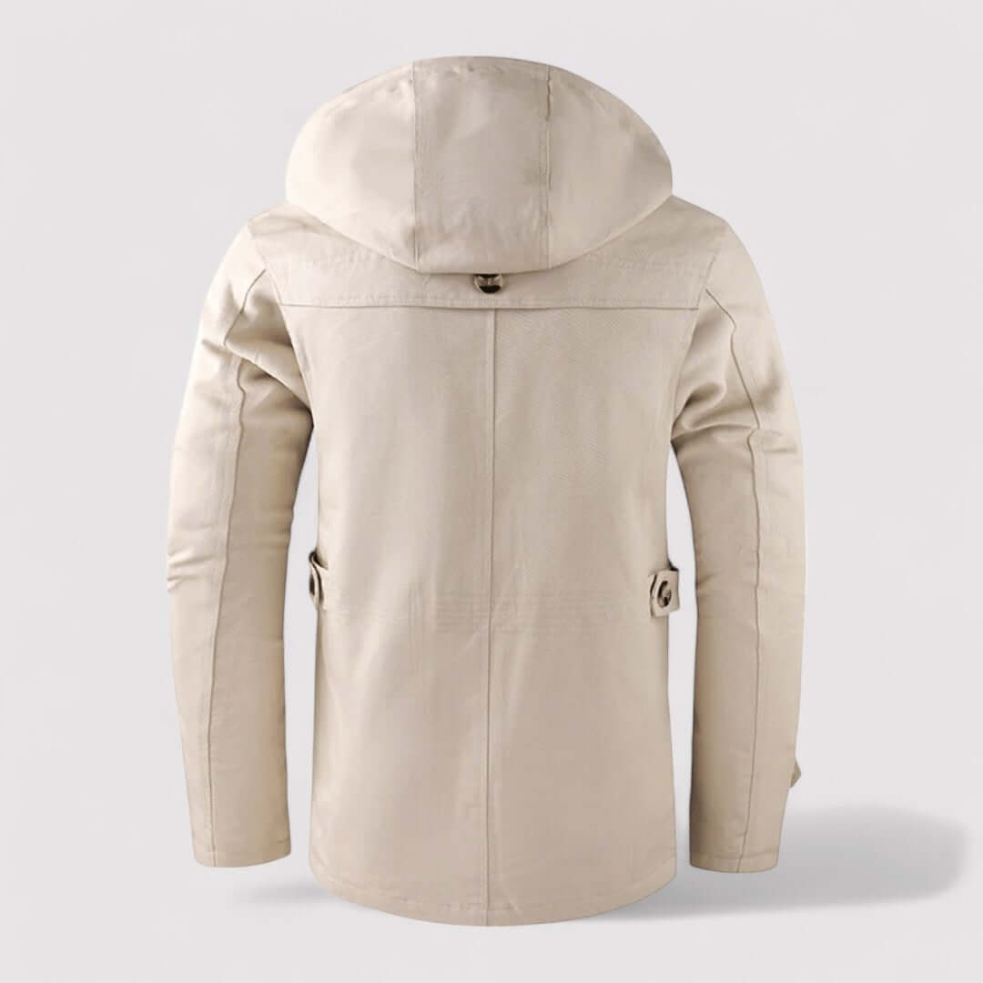 High-performance men's waterproof winter jacket, insulated & hooded for cold weather outdoor activities.