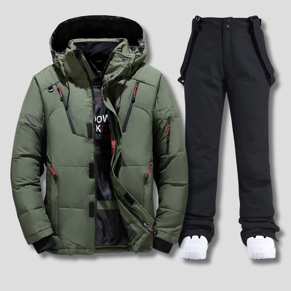 Active men's weather-resistant ski suit, perfect cold weather gear for skiing, snowboarding, and winter sports.