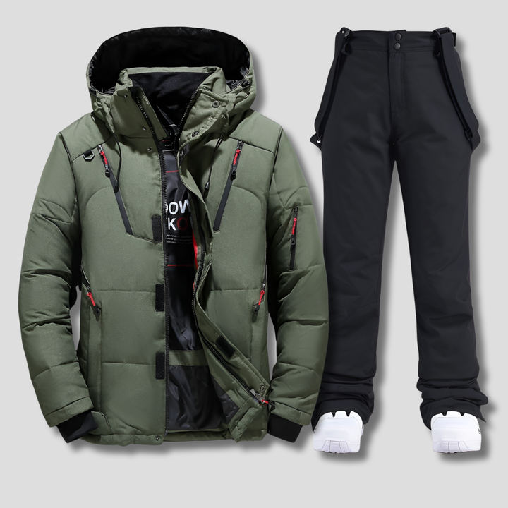 Active men's weather-resistant ski suit, perfect cold weather gear for skiing, snowboarding, and winter sports.