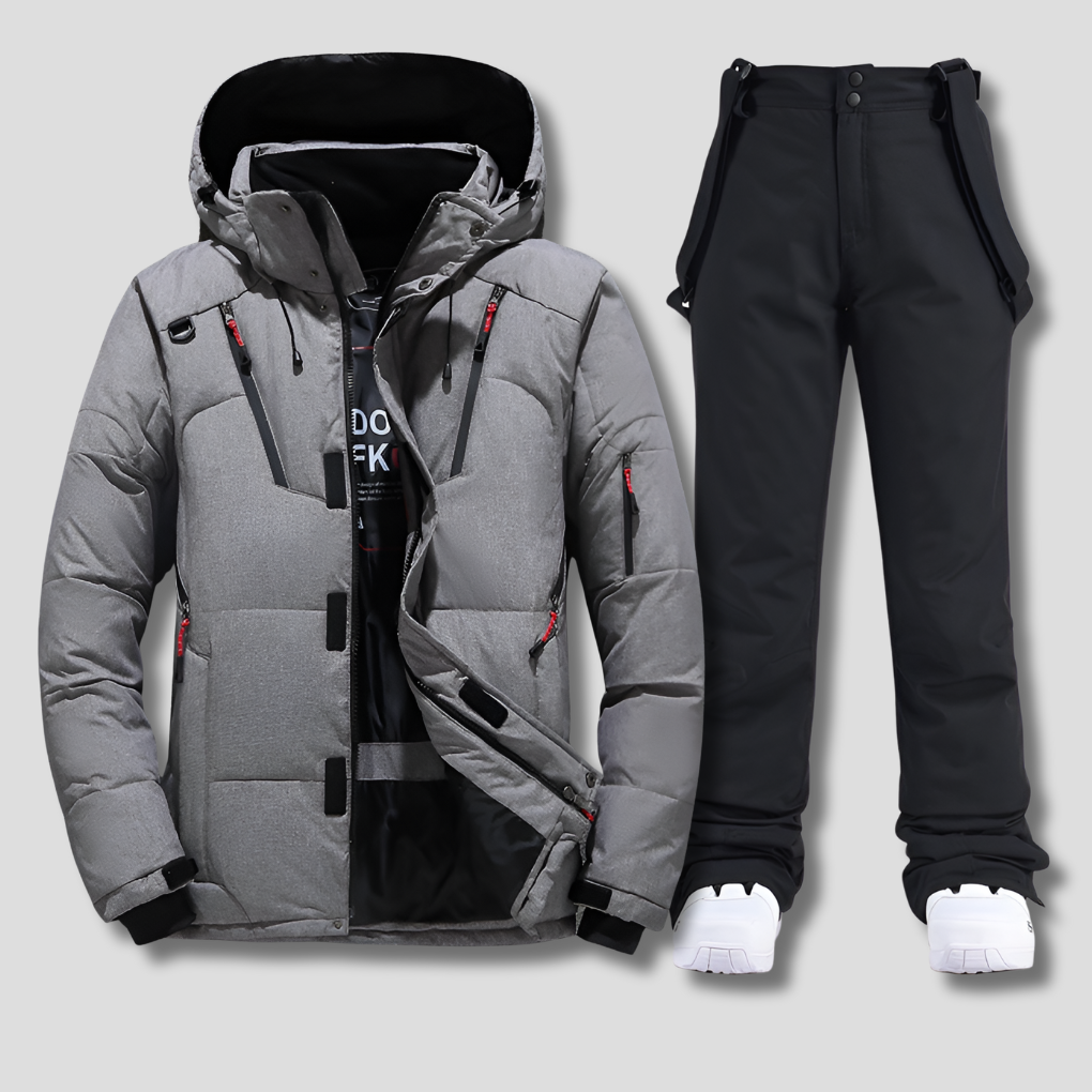 Durable men's weather-resistant ski suit; essential cold weather gear for active winter sports and snow adventures.