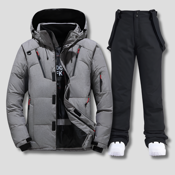 Durable men's weather-resistant ski suit; essential cold weather gear for active winter sports and snow adventures.