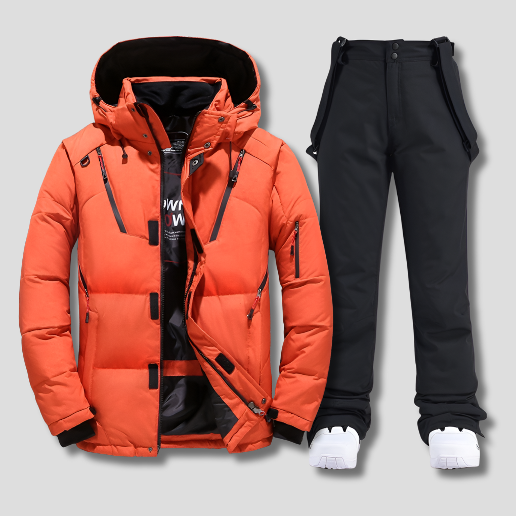 Stylish men's weather-resistant ski suit, comfortable outerwear for skiing, snowboarding, and extreme cold.