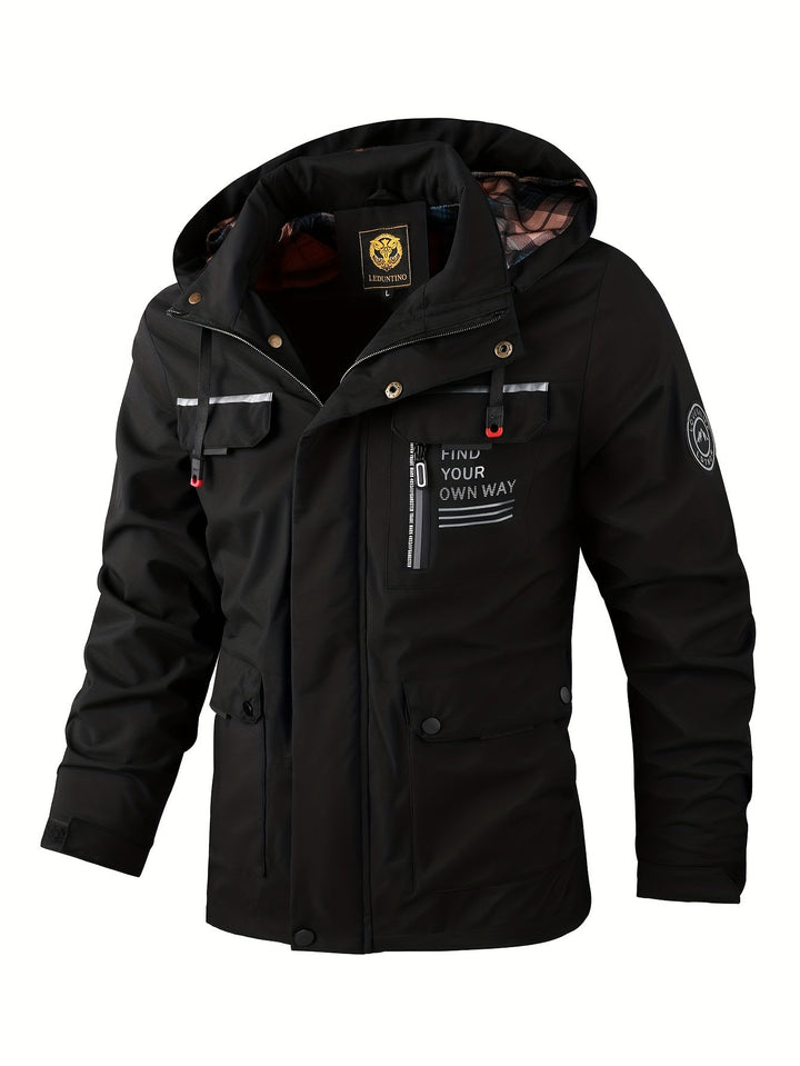 Men's weatherproof adventure jacket for hiking & outdoor activities. Windproof & waterproof winter outerwear.