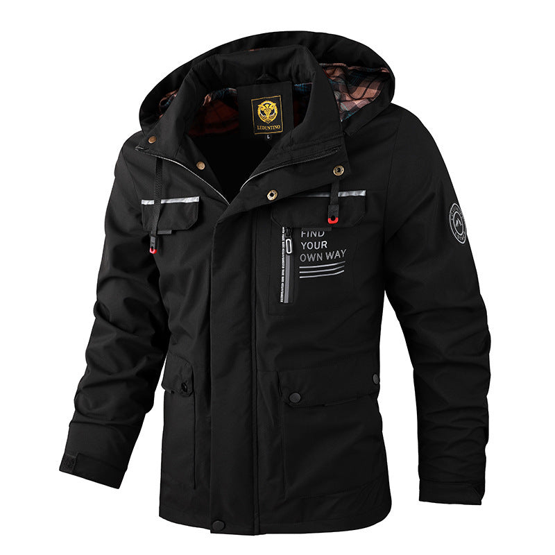 Heavy-duty men's weatherproof adventure jacket. Waterproof & windproof outerwear for challenging outdoor conditions.