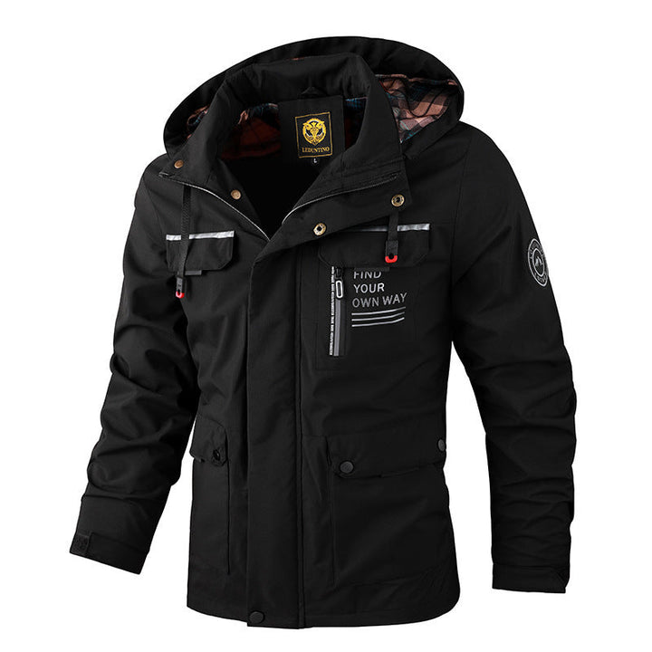 Heavy-duty men's weatherproof adventure jacket. Waterproof & windproof outerwear for challenging outdoor conditions.