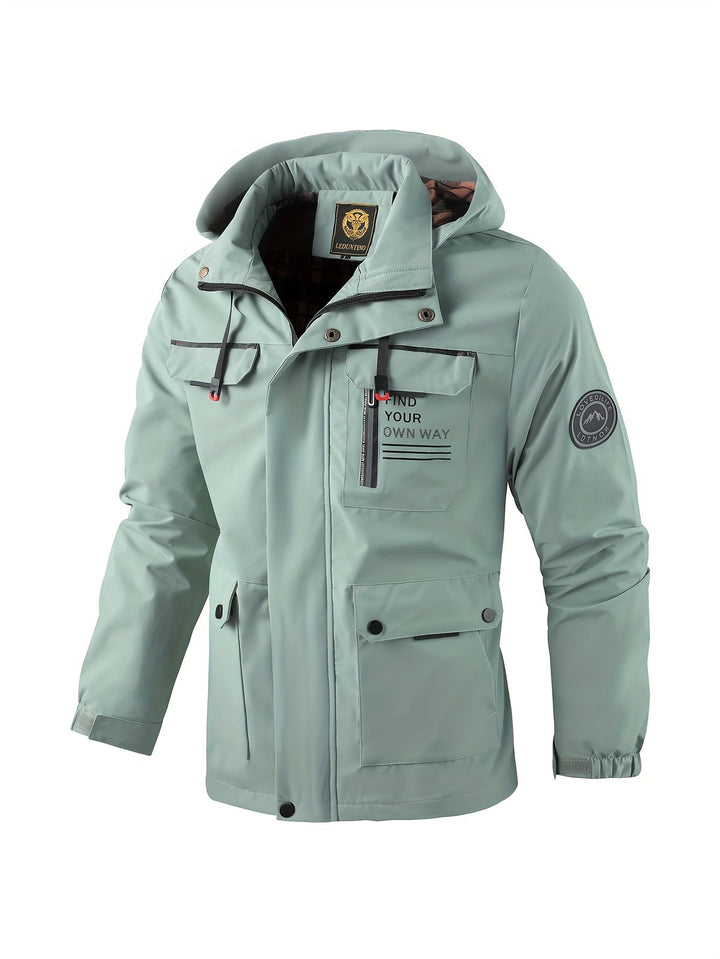 Black men's weatherproof hiking jacket. Windproof, waterproof outerwear for winter adventures & outdoor activewear.