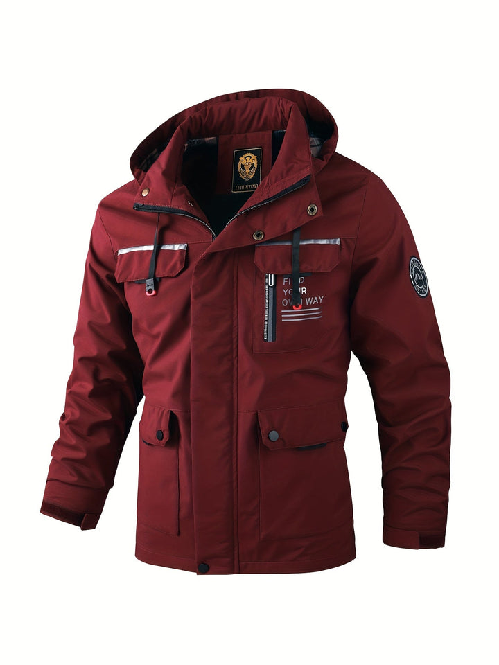 Durable men's adventure jacket, weatherproof. Perfect waterproof & windproof outerwear for hiking & outdoor activities.