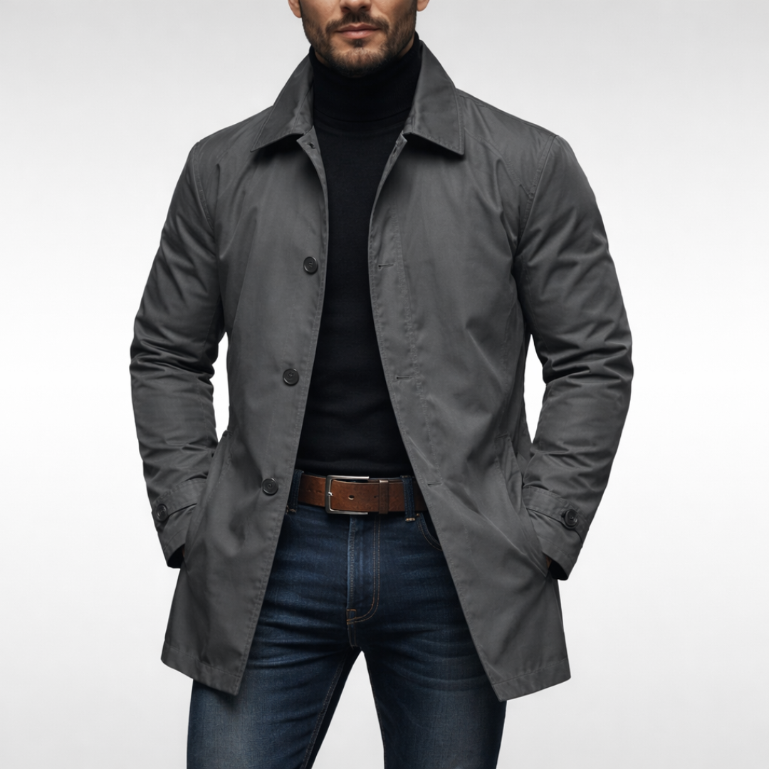 Men's weatherproof insulated long coat with button closure, perfect for winter and fall everyday wear.