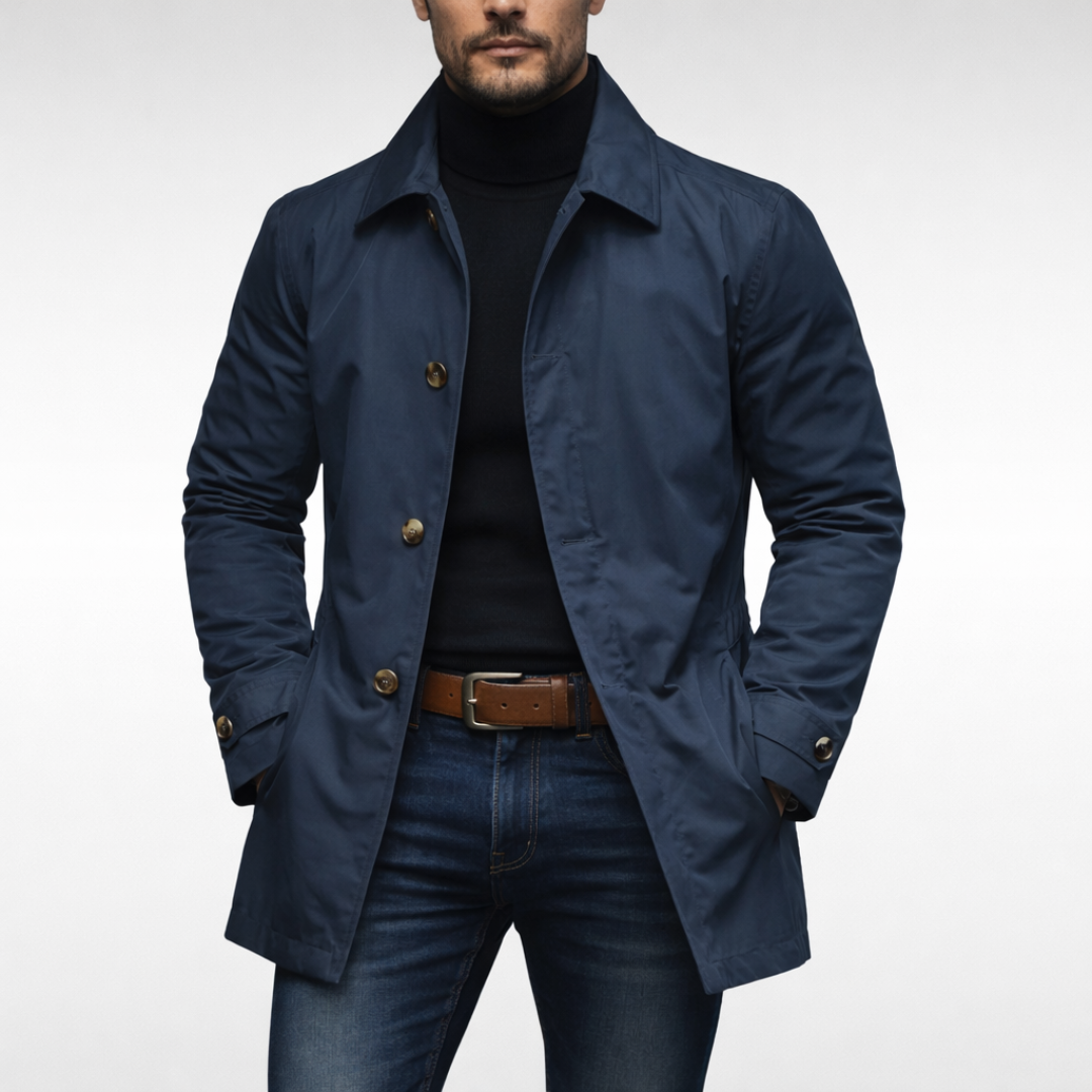 Stylish men's insulated long coat, designed as durable weatherproof outerwear for cold weather protection.