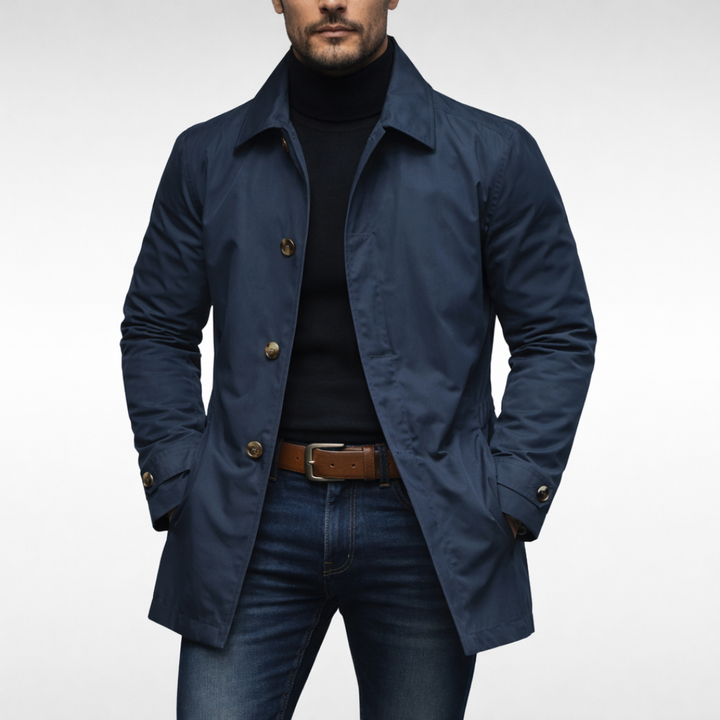 Stylish men's insulated long coat, designed as durable weatherproof outerwear for cold weather protection.